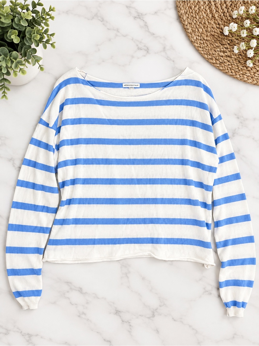 Aeropostale White and Blue Striped Long-Sleeve Tee